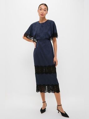 Tuckernuck NWT Navy Jacquard and Black Lace Cape Leah Dress Size 10 Midi Length